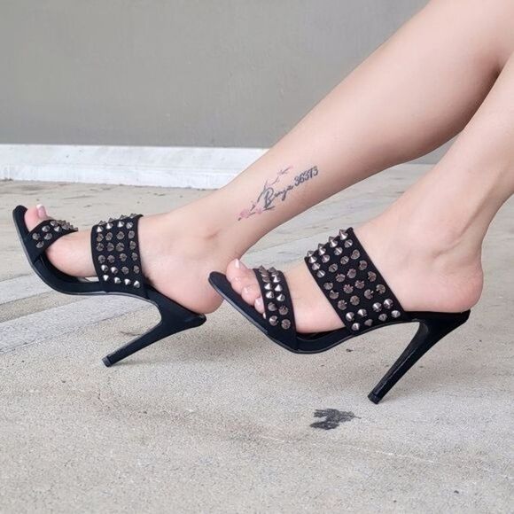 Women Metallic Studs Double Band High Heels Sandals Black Color - Picture 2 of 5